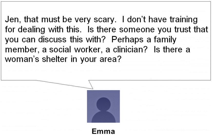 Emma suggests she talk to a family member, a social worker of a clinician